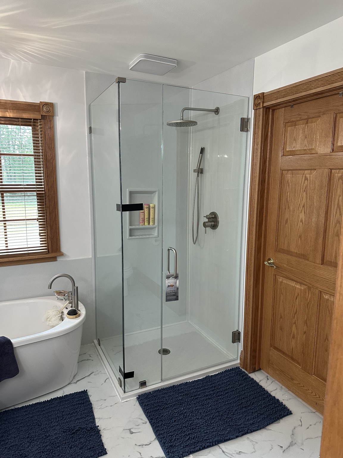 Frameless shower beside a soaking tub