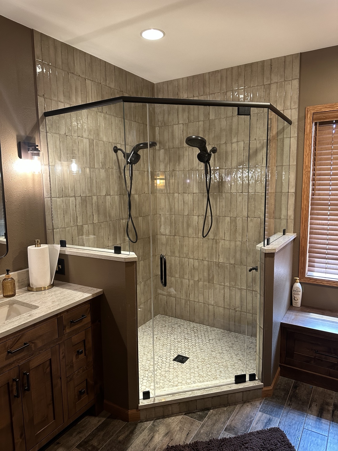 Matte-black corner shower